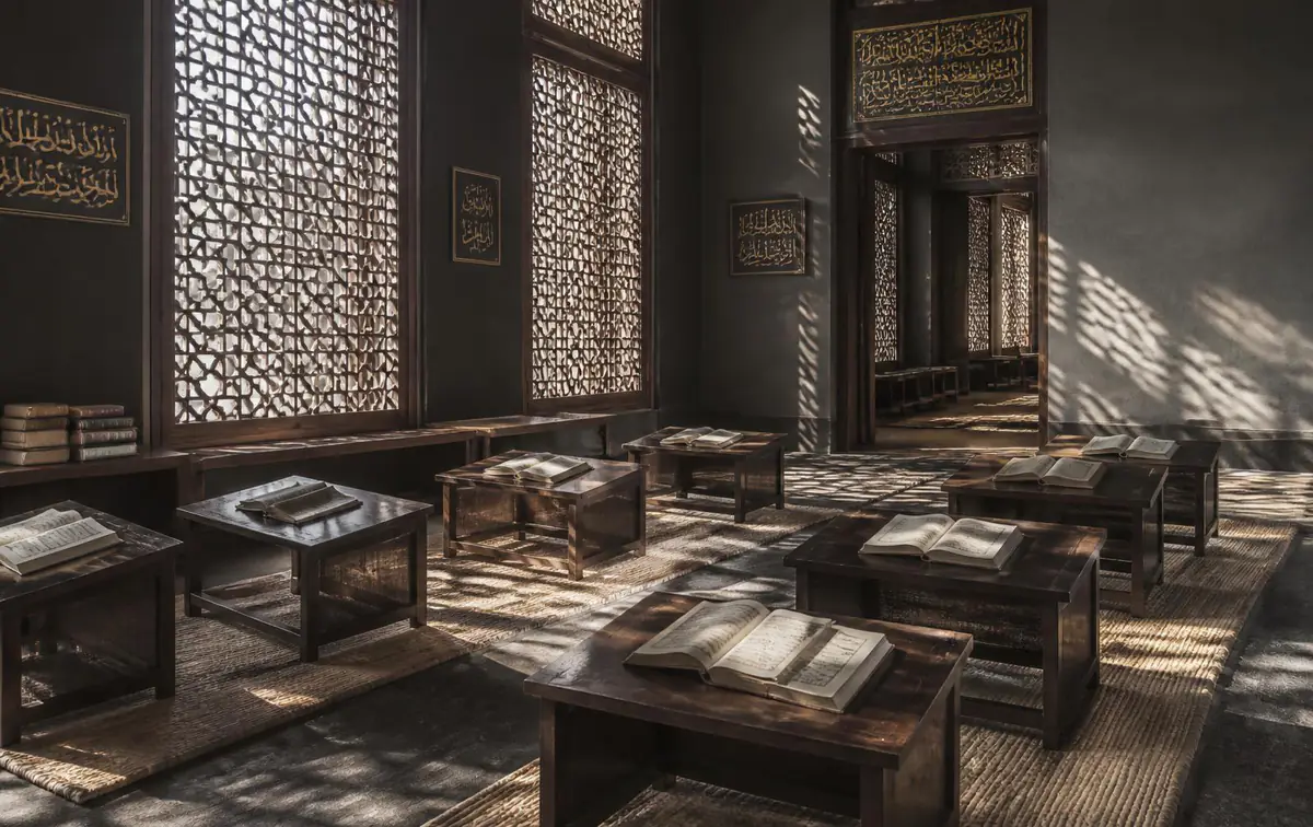 Study hall with low wooden desks and open books