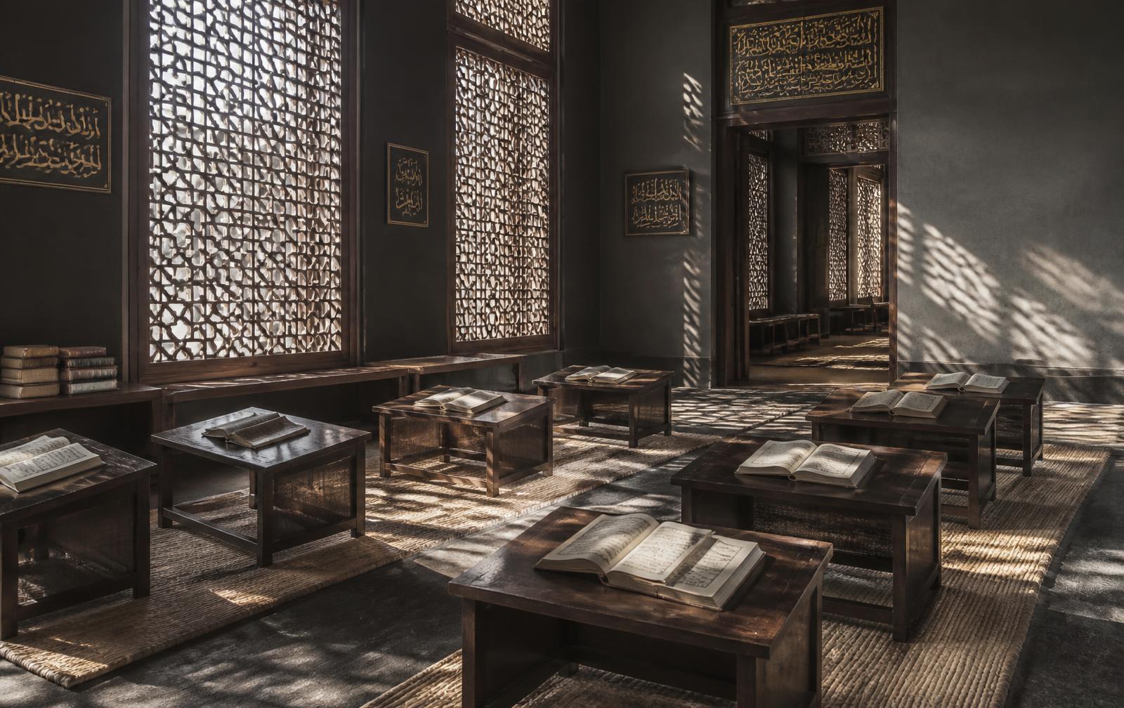 Study hall with low wooden desks and open books